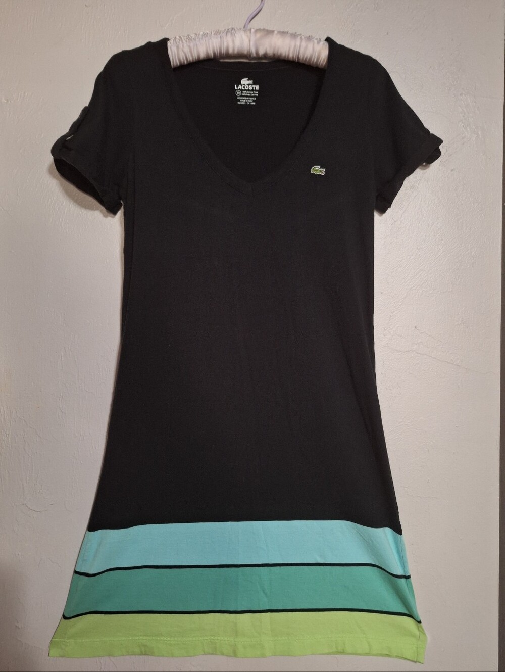 Lacoste Black V-Neck Short Sleeve Tunic with Aqua & Lime Hem